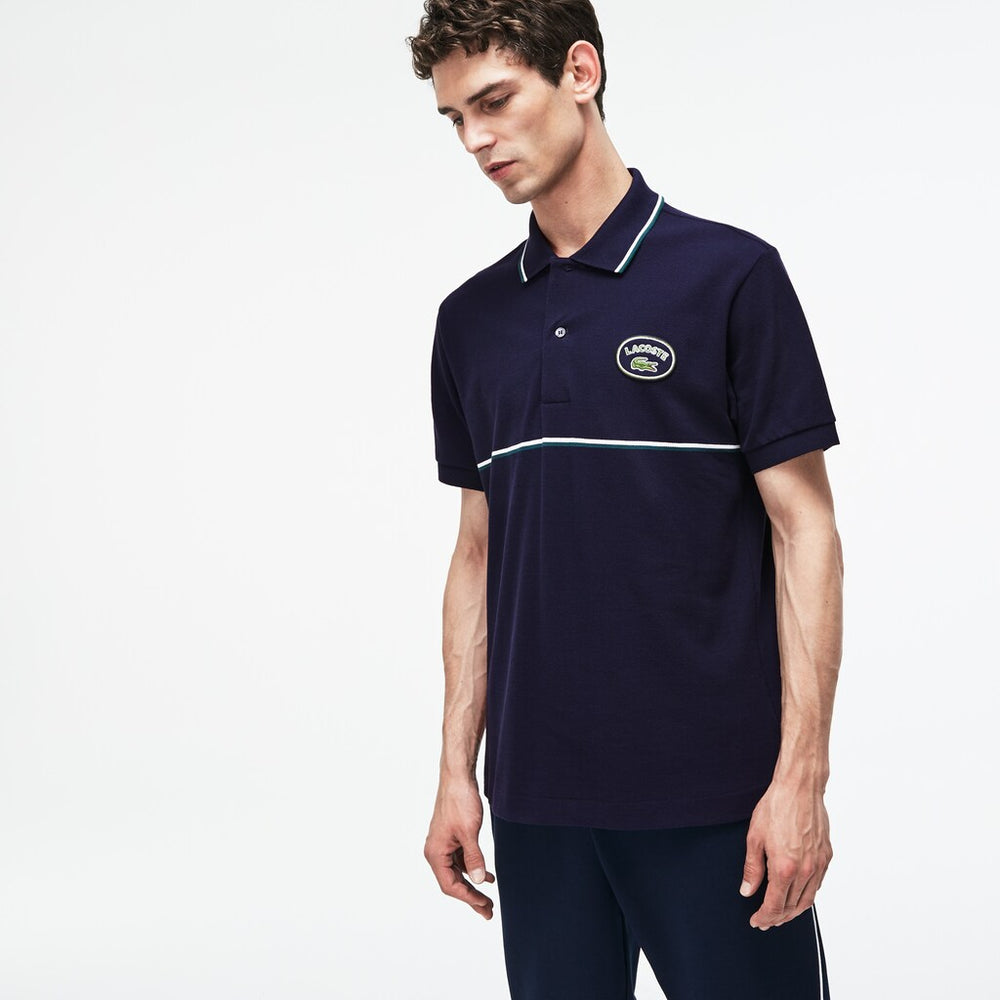 Mens   Regular Fit Striped Accents Petit Piqué Polo | Lacoste Navy Blue / Green / White • Buy