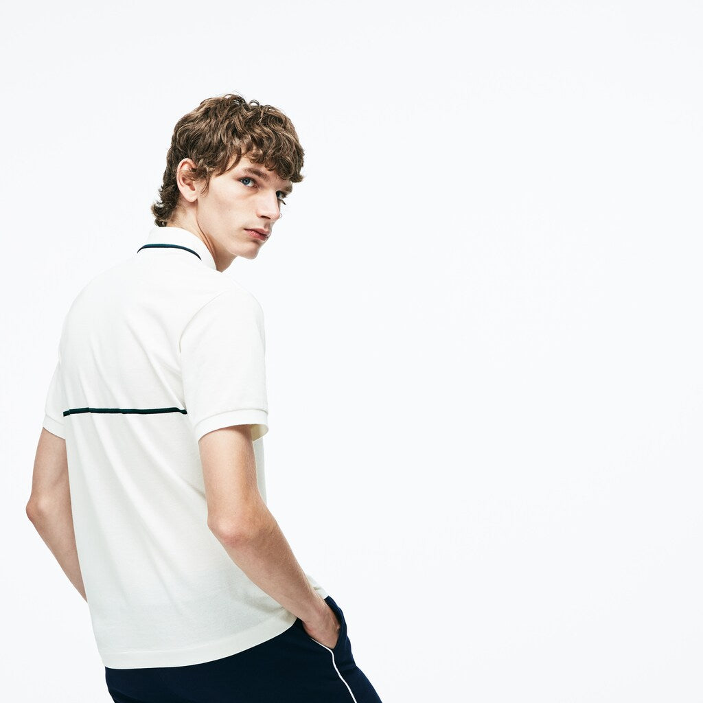 Mens   Regular Fit Striped Accents Petit Piqué Polo | Lacoste White / Navy Blue / Green • C06