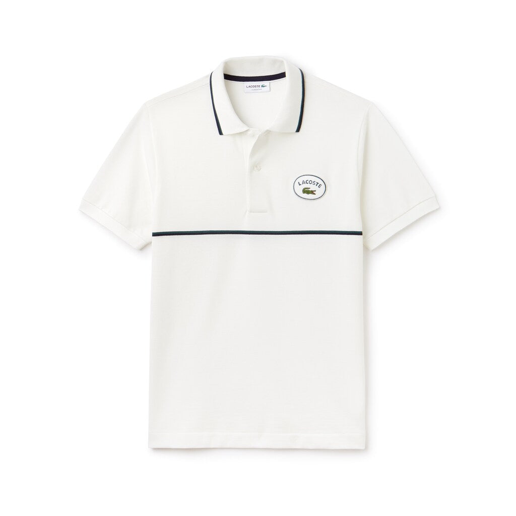 Mens   Regular Fit Striped Accents Petit Piqué Polo | Lacoste White / Navy Blue / Green • C06