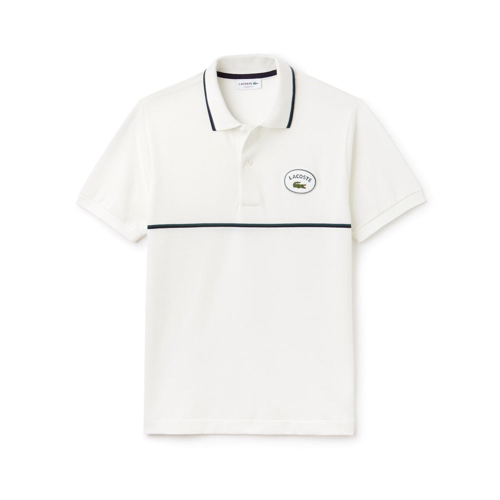 Mens   Regular Fit Striped Accents Petit Piqué Polo | Lacoste White / Navy Blue / Green • C06