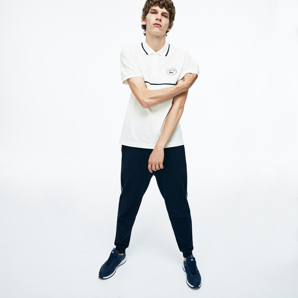 Mens   Regular Fit Striped Accents Petit Piqué Polo | Lacoste White / Navy Blue / Green • C06