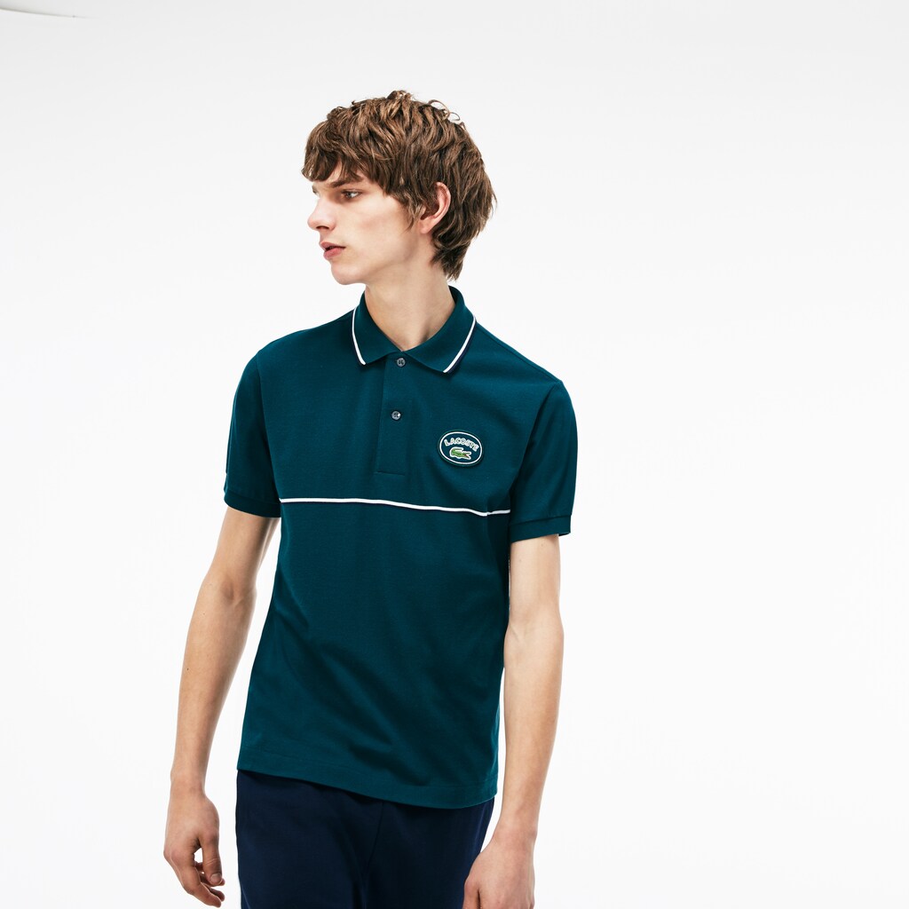Mens   Regular Fit Striped Accents Petit Piqué Polo | Lacoste Green / Navy Blue / White • Dyx
