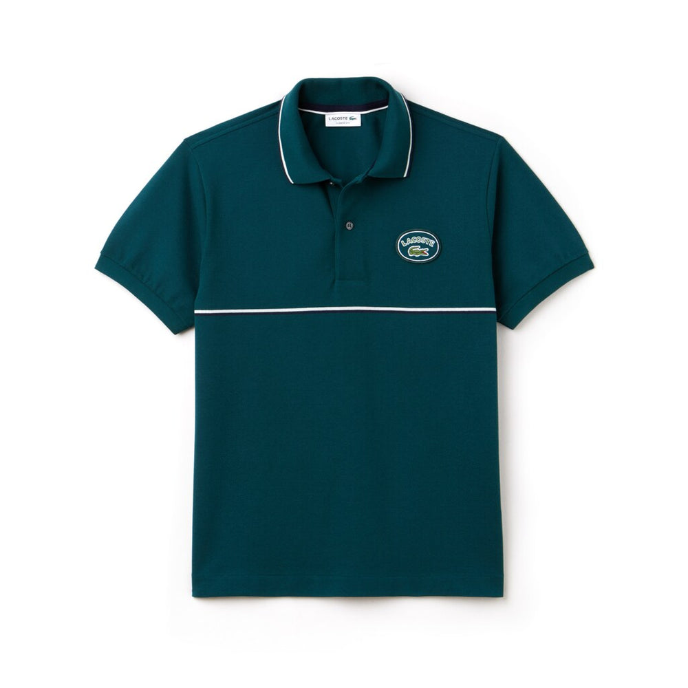 Mens   Regular Fit Striped Accents Petit Piqué Polo | Lacoste Green / Navy Blue / White • Dyx