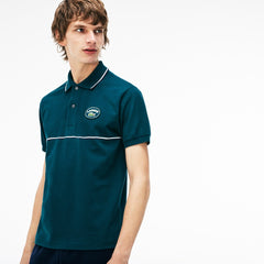 Mens   Regular Fit Striped Accents Petit Piqué Polo | Lacoste Green / Navy Blue / White • Dyx