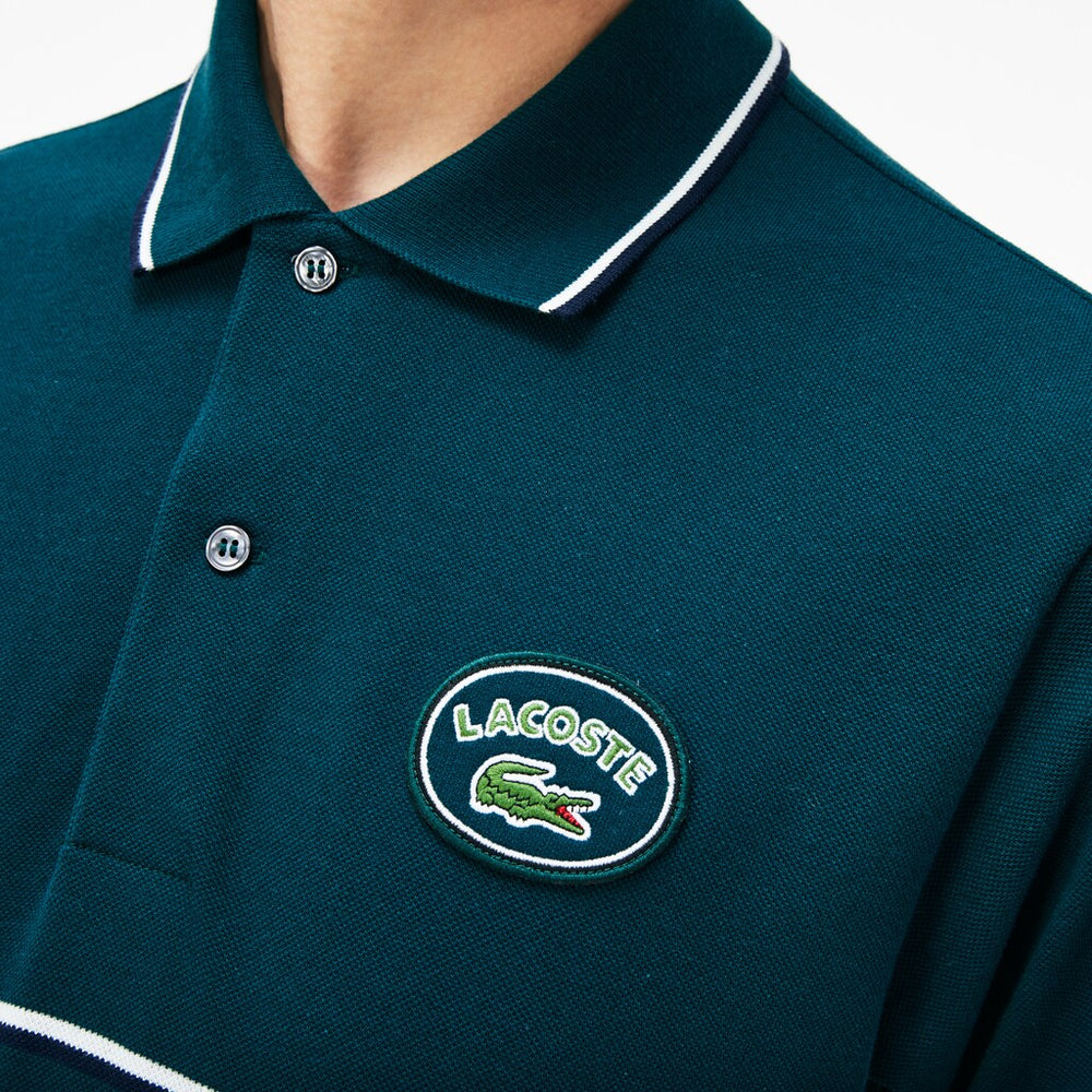 Mens   Regular Fit Striped Accents Petit Piqué Polo | Lacoste Green / Navy Blue / White • Dyx