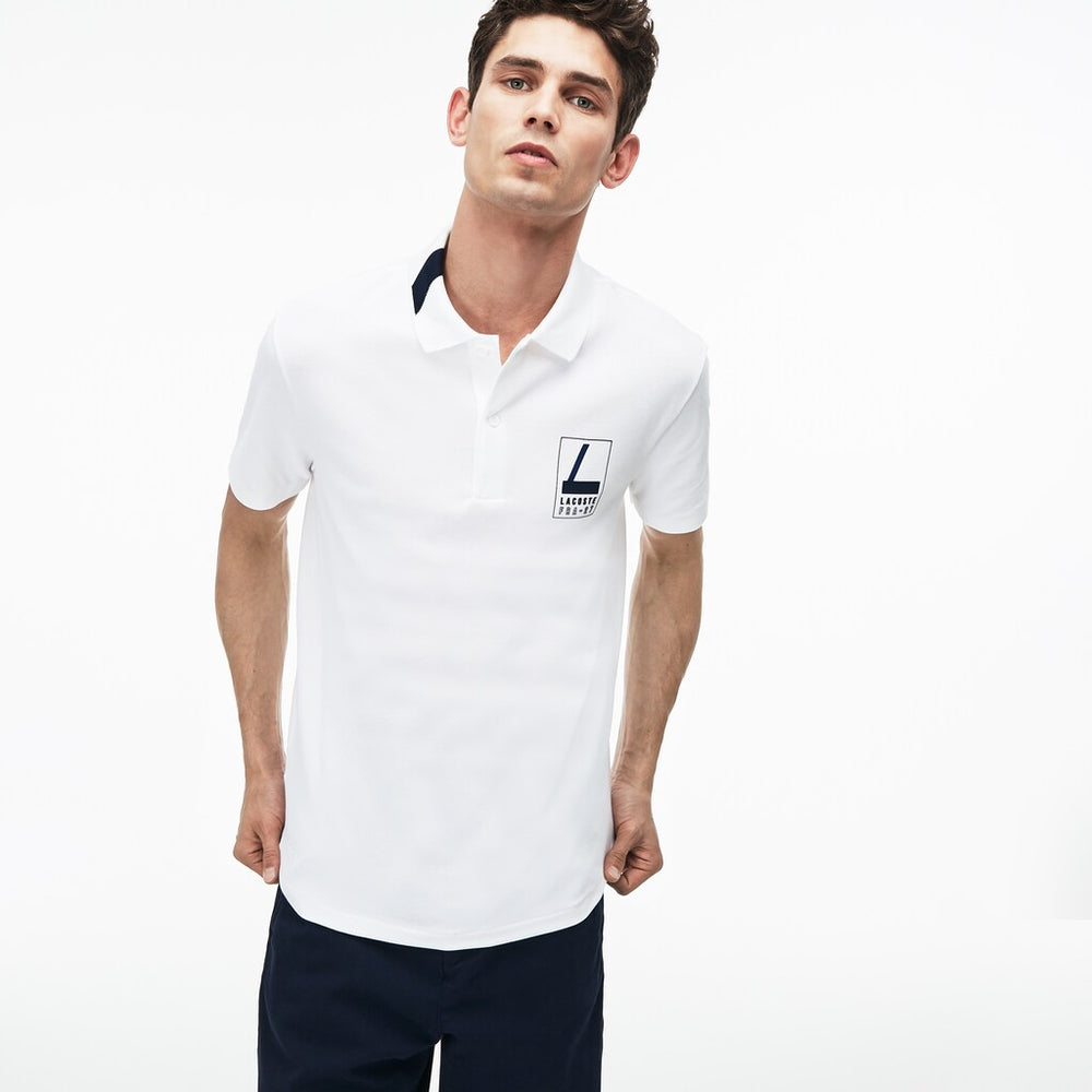 Mens   Slim Fit Lettering Stretch Mini Piqué Polo | Lacoste White / Navy Blue • 522