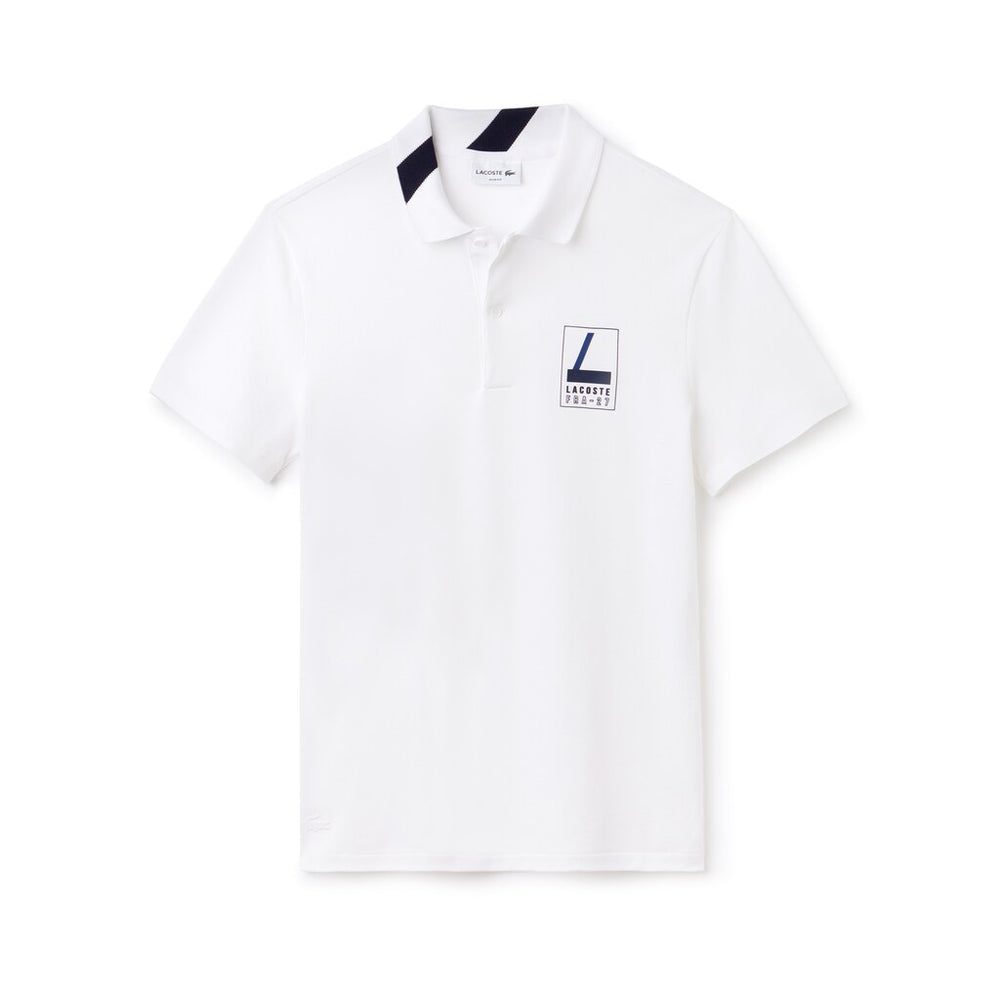 Mens   Slim Fit Lettering Stretch Mini Piqué Polo | Lacoste White / Navy Blue • 522