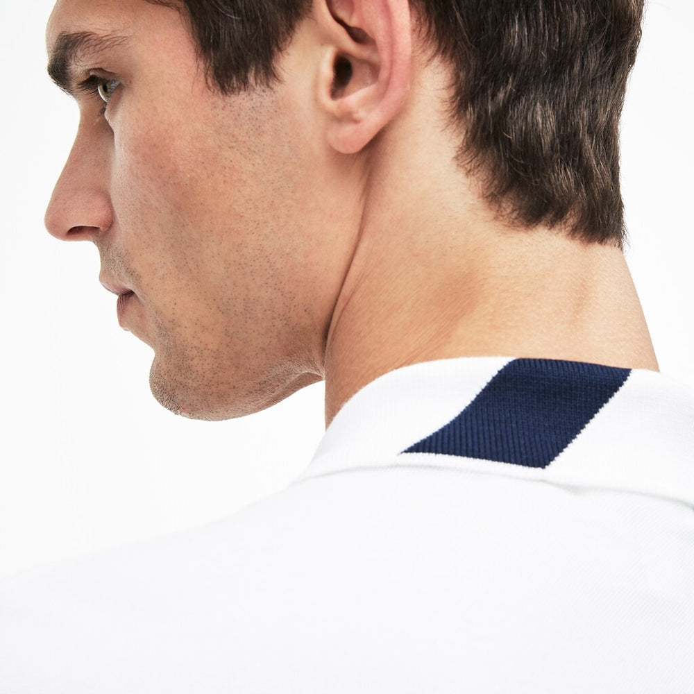Mens   Slim Fit Lettering Stretch Mini Piqué Polo | Lacoste White / Navy Blue • 522