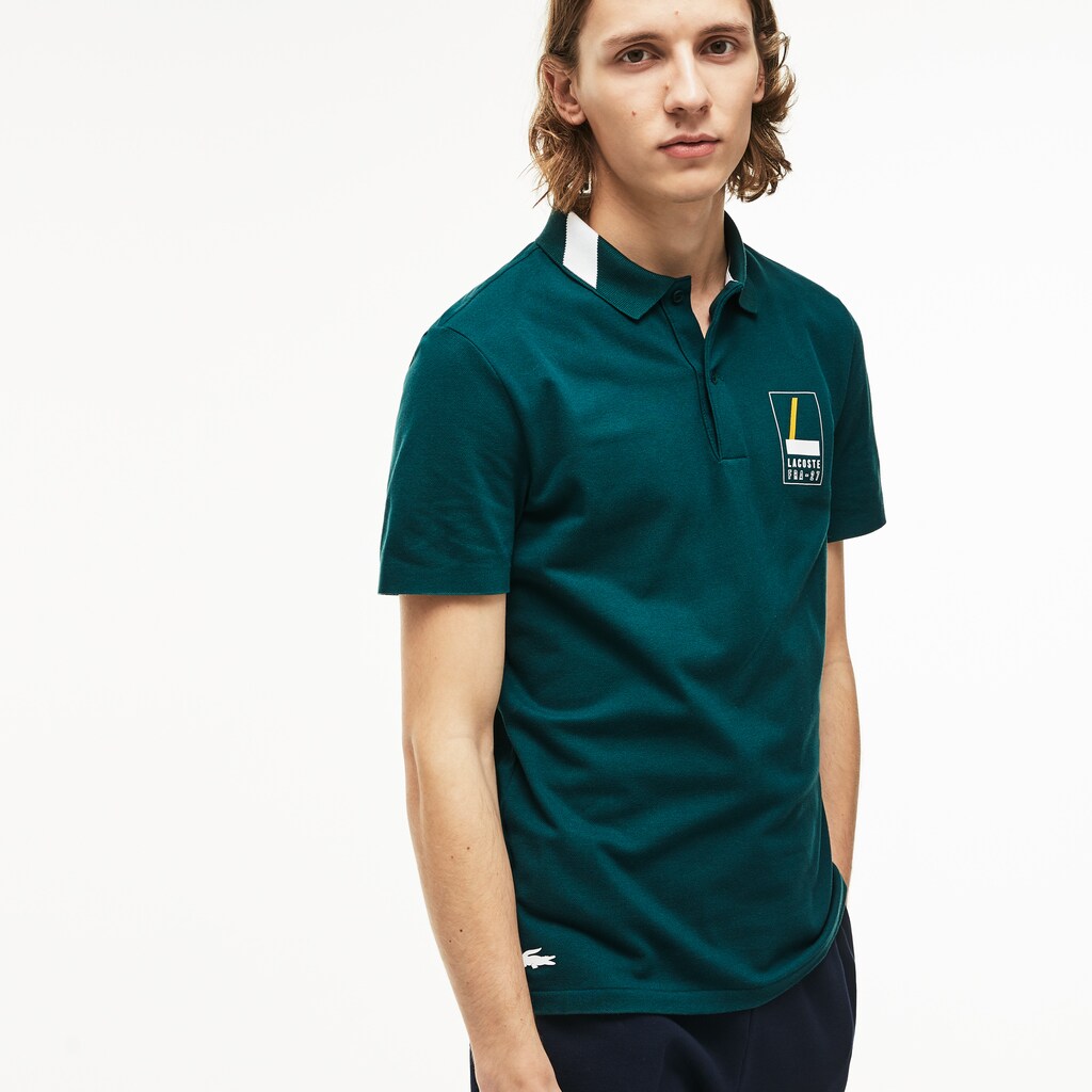 Mens   Slim Fit Lettering Stretch Mini Piqué Polo | Lacoste Green / White • Dp7