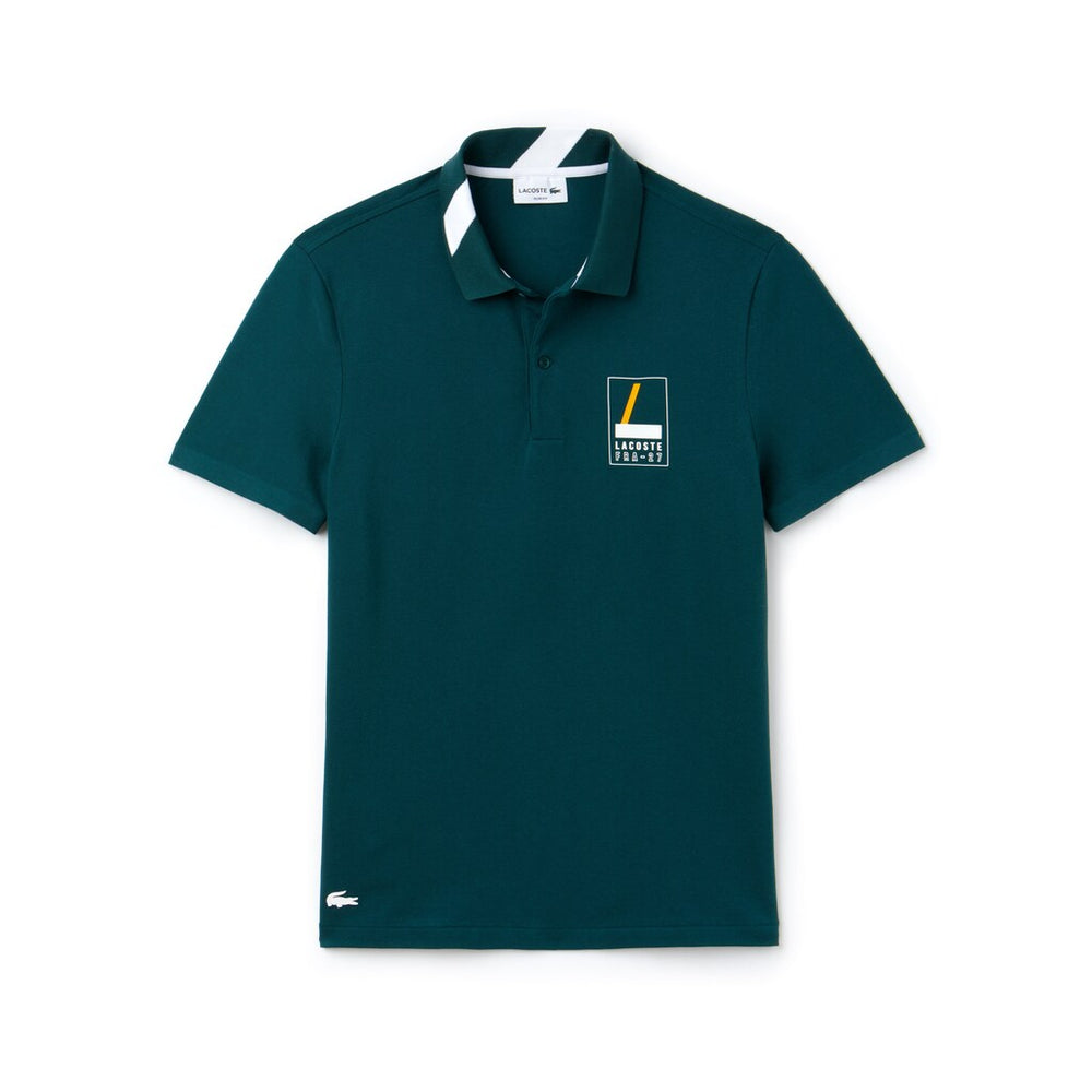 Mens   Slim Fit Lettering Stretch Mini Piqué Polo | Lacoste Green / White • Dp7