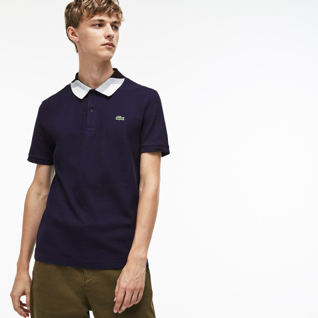 Mens   Lacoste Slim Fit Colourblock Striped Knop Piqué Polo Shirt | Lacoste Navy Blue • 166
