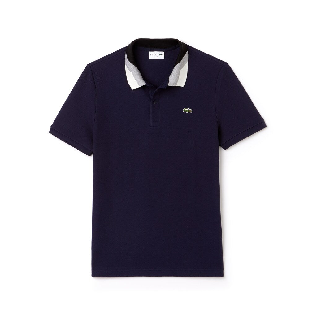 Mens   Lacoste Slim Fit Colourblock Striped Knop Piqué Polo Shirt | Lacoste Navy Blue • 166