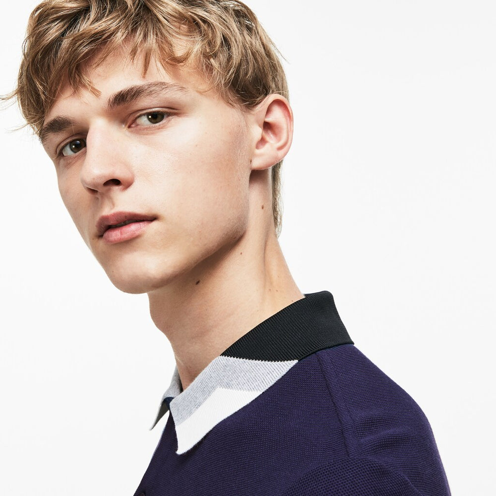 Mens   Lacoste Slim Fit Colourblock Striped Knop Piqué Polo Shirt | Lacoste Navy Blue • 166