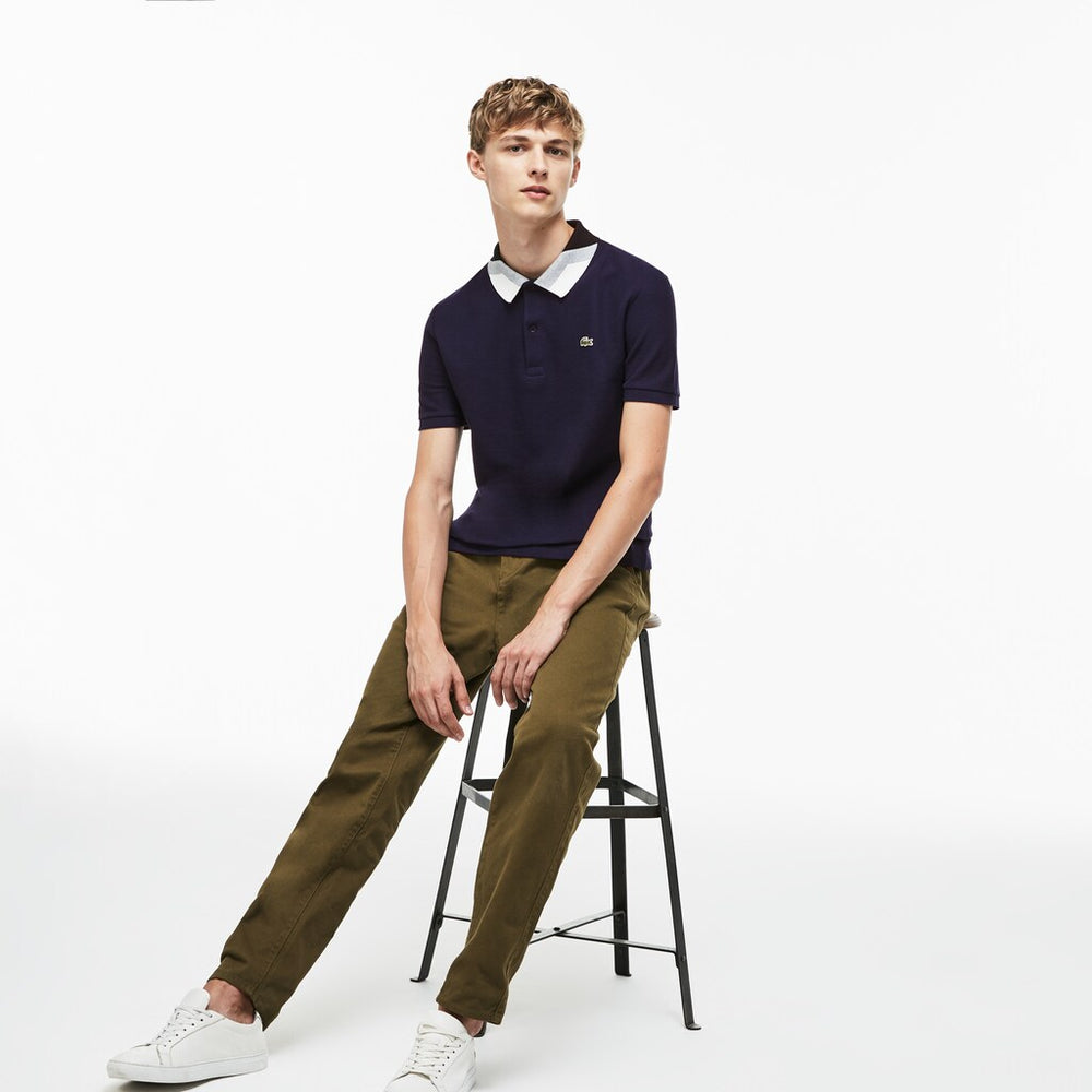 Mens   Lacoste Slim Fit Colourblock Striped Knop Piqué Polo Shirt | Lacoste Navy Blue • 166