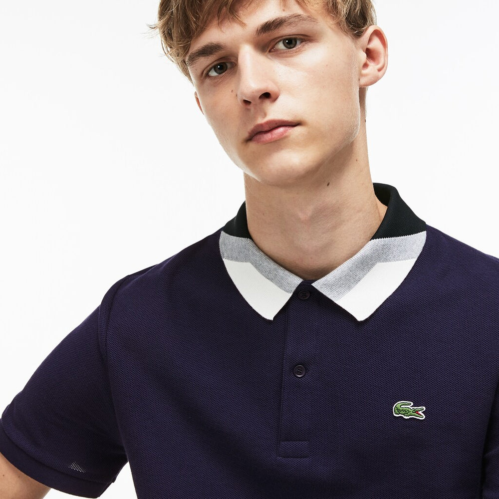 Mens   Lacoste Slim Fit Colourblock Striped Knop Piqué Polo Shirt | Lacoste Navy Blue • 166