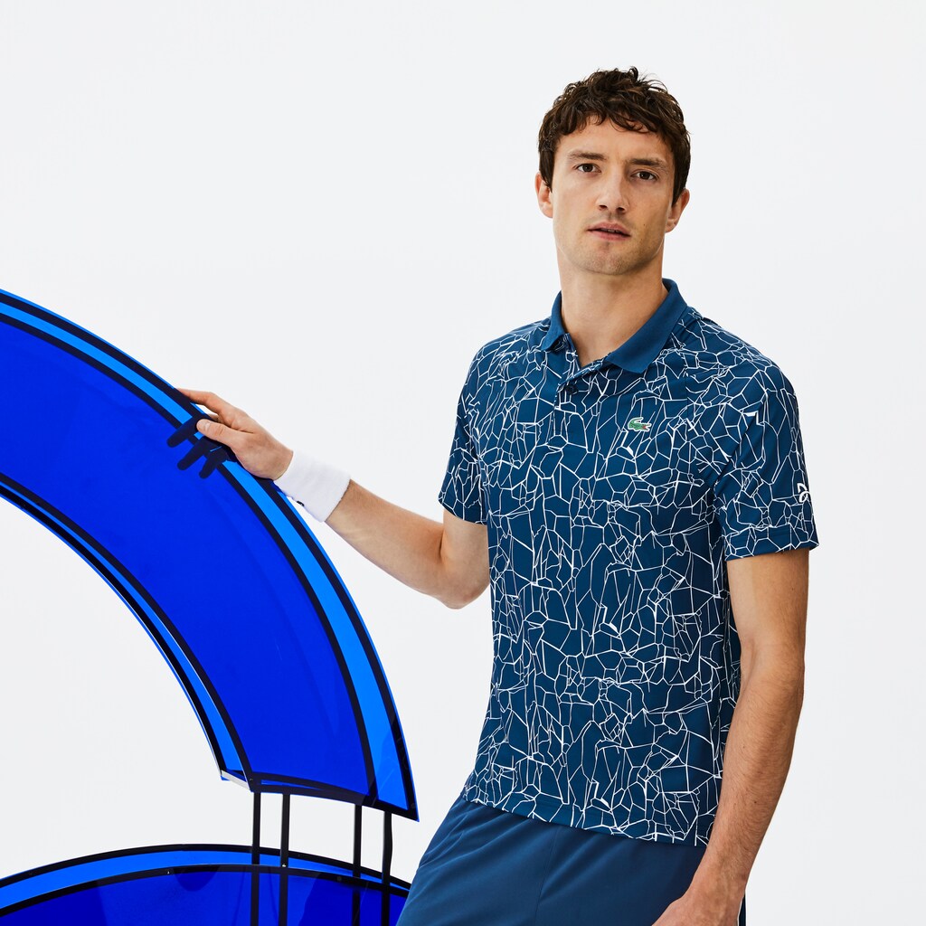 Mens   SPORT Novak Djokovic Print Technical Jersey Polo | Lacoste Blue / White • Erg