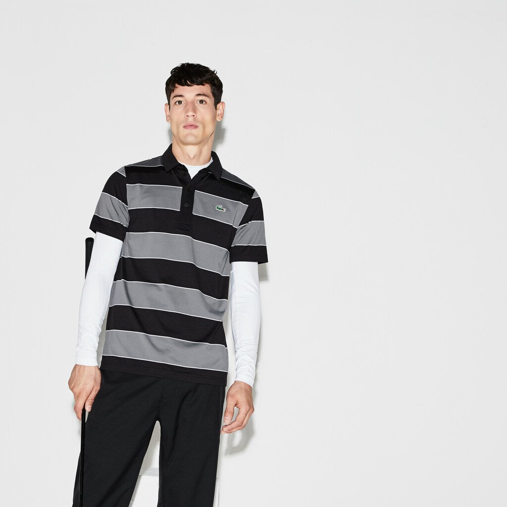 Mens   SPORT Striped Stretch Jersey Golf Polo | Lacoste Black / Grey / White • W3Y