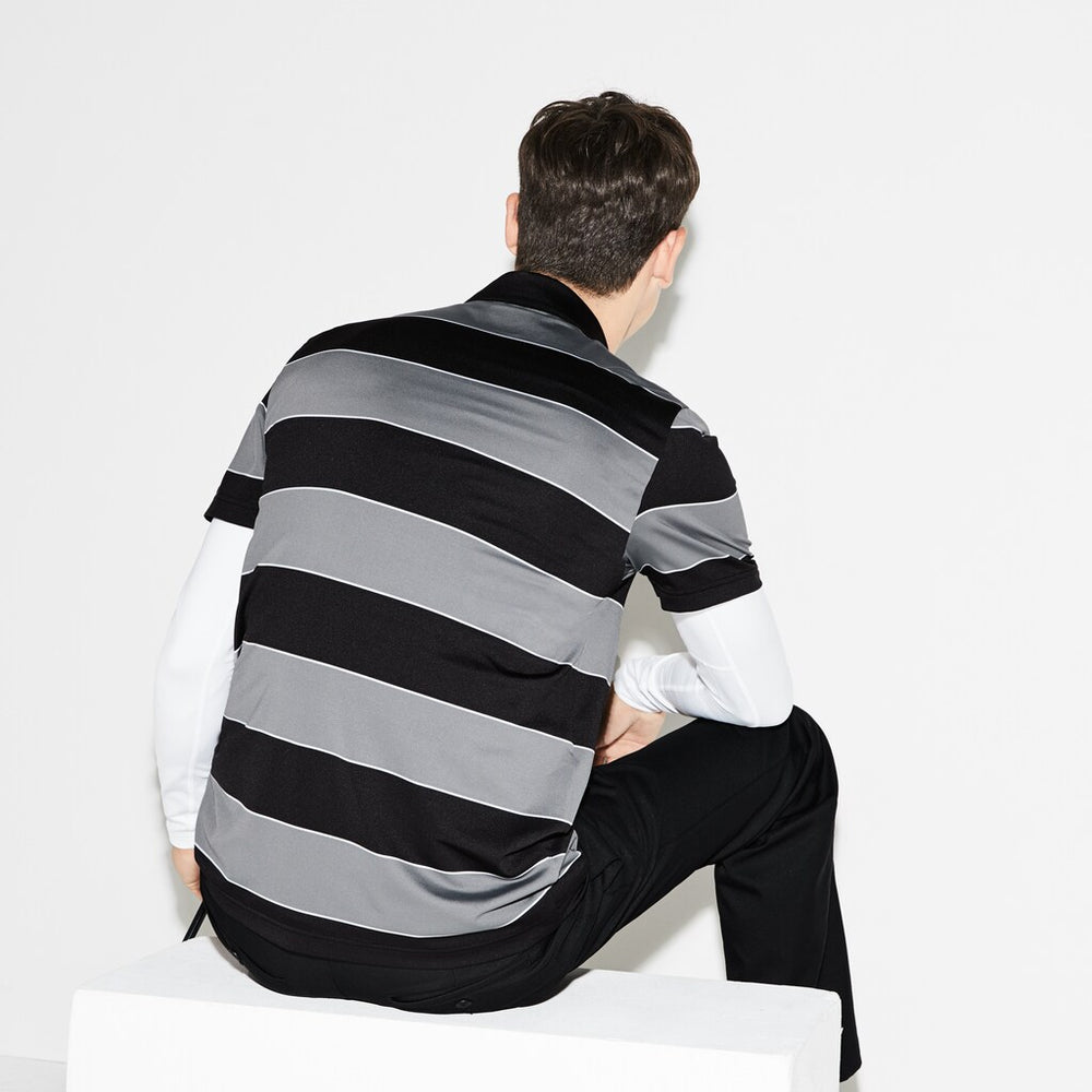 Mens   SPORT Striped Stretch Jersey Golf Polo | Lacoste Black / Grey / White • W3Y