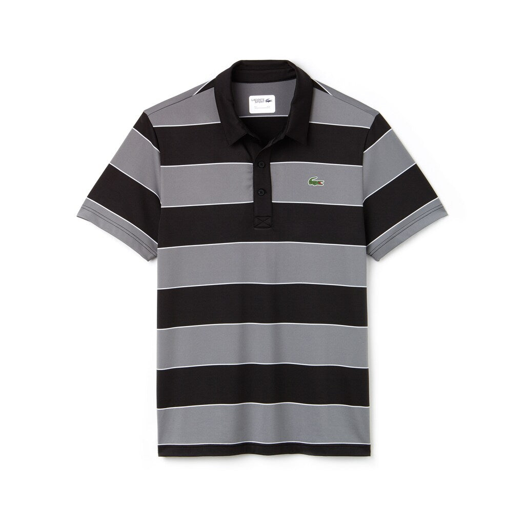 Mens   SPORT Striped Stretch Jersey Golf Polo | Lacoste Black / Grey / White • W3Y