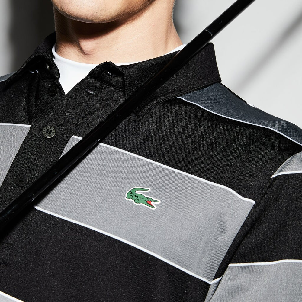 Mens   SPORT Striped Stretch Jersey Golf Polo | Lacoste Black / Grey / White • W3Y