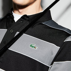Mens   SPORT Striped Stretch Jersey Golf Polo | Lacoste Black / Grey / White • W3Y