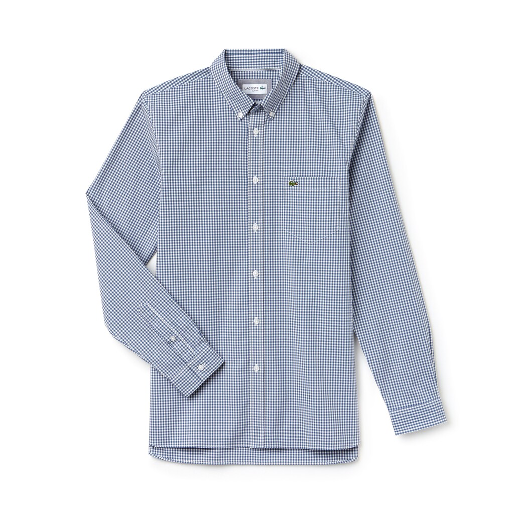 Mens   Slim Fit Gingham Stretch Cotton Poplin Shirt | Lacoste Blue / White • 2Ad