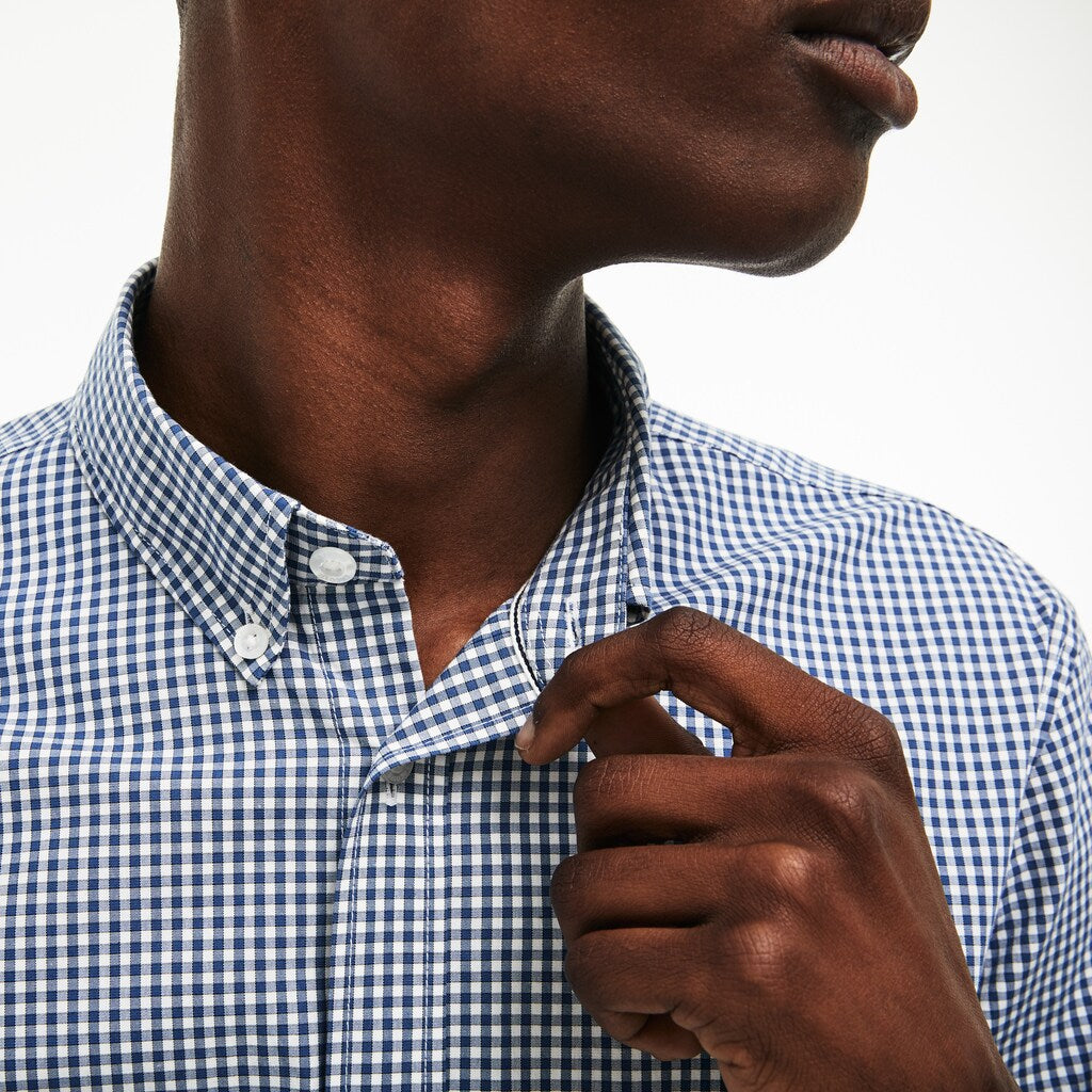 Mens   Slim Fit Gingham Stretch Cotton Poplin Shirt | Lacoste Blue / White • 2Ad