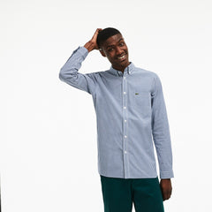 Mens   Slim Fit Gingham Stretch Cotton Poplin Shirt | Lacoste Blue / White • 2Ad