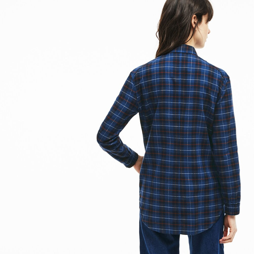 Womens Wo  Slim Fit Stretch Check Cotton Canvas Shirt | Lacoste Navy Blue / Blue • Bz9