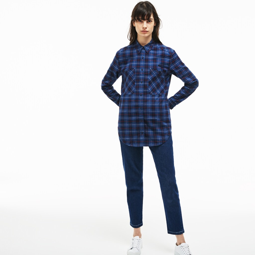 Womens Wo  Slim Fit Stretch Check Cotton Canvas Shirt | Lacoste Navy Blue / Blue • Bz9