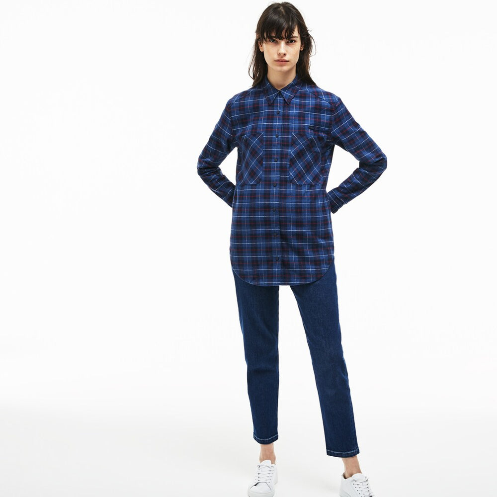 Womens Wo  Slim Fit Stretch Check Cotton Canvas Shirt | Lacoste Navy Blue / Blue • Bz9