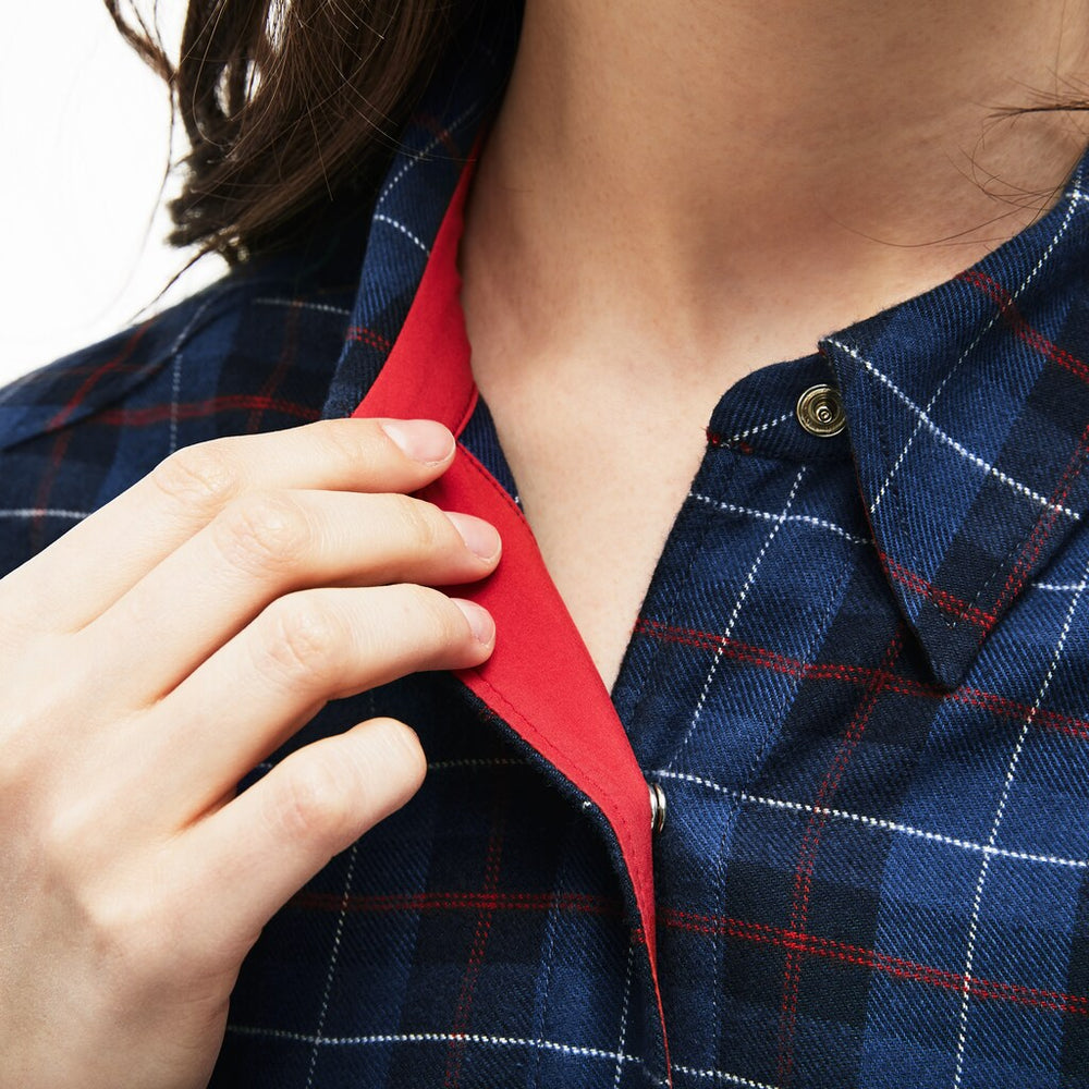 Womens Wo  Slim Fit Stretch Check Cotton Canvas Shirt | Lacoste Navy Blue / Blue • Bz9