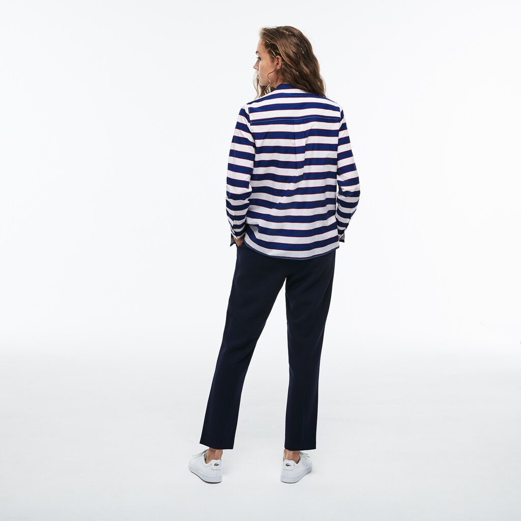 Womens Wo  Regular Fit Striped Cotton & Silk Voile Shirt | Lacoste White / Navy Blue / Red • Ccq