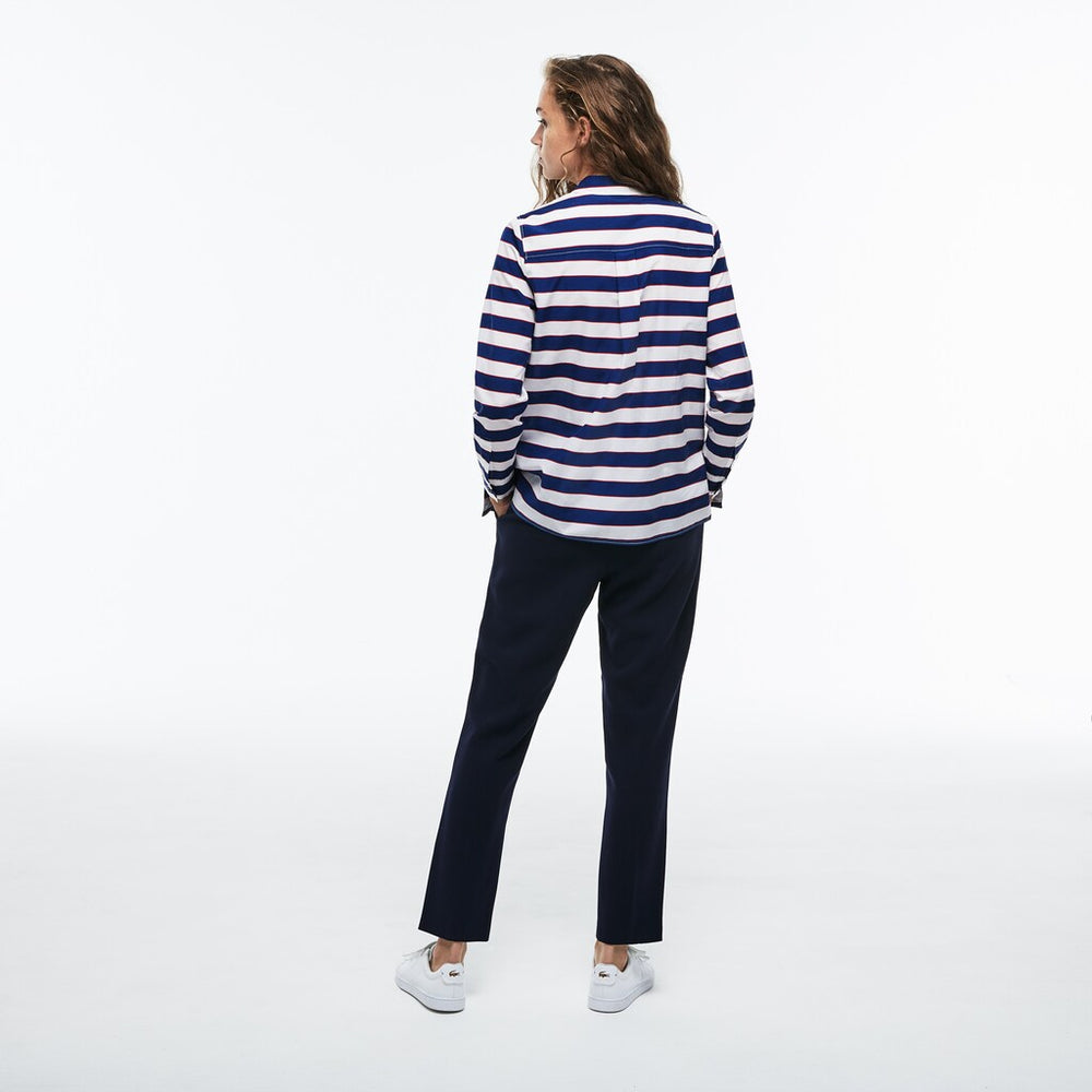 Womens Wo  Regular Fit Striped Cotton & Silk Voile Shirt | Lacoste White / Navy Blue / Red • Ccq