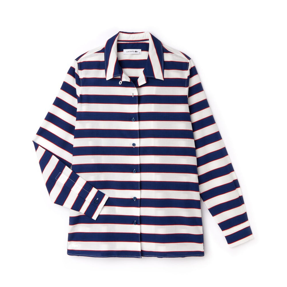 Womens Wo  Regular Fit Striped Cotton & Silk Voile Shirt | Lacoste White / Navy Blue / Red • Ccq