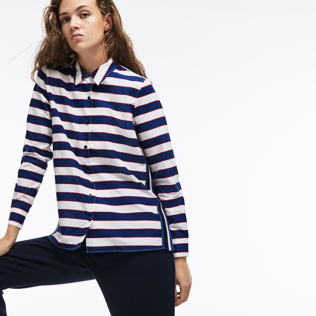 Womens Wo  Regular Fit Striped Cotton & Silk Voile Shirt | Lacoste White / Navy Blue / Red • Ccq