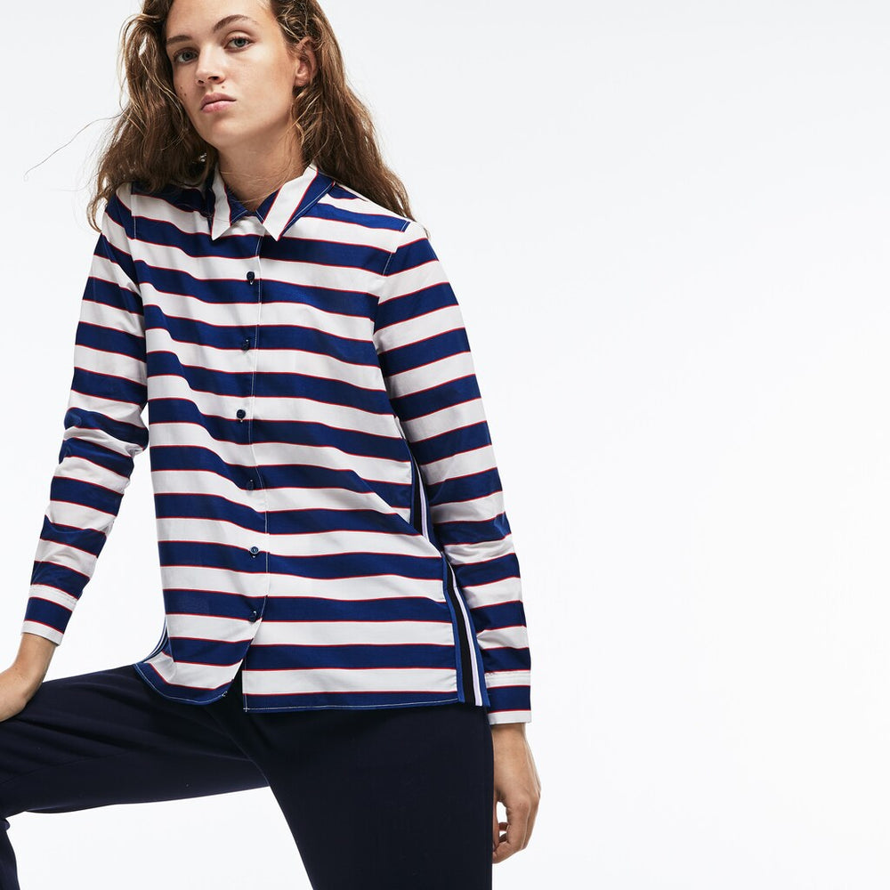 Womens Wo  Regular Fit Striped Cotton & Silk Voile Shirt | Lacoste White / Navy Blue / Red • Ccq