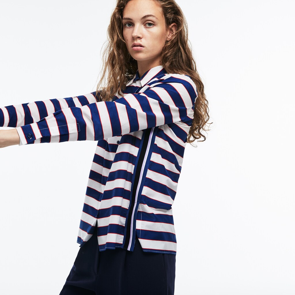 Womens Wo  Regular Fit Striped Cotton & Silk Voile Shirt | Lacoste White / Navy Blue / Red • Ccq