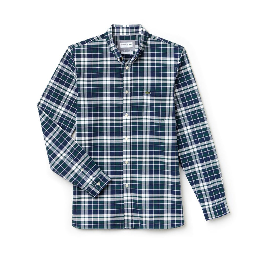 Mens   Slim Fit Check Stretch Oxford Cotton Shirt | Lacoste Green • E76
