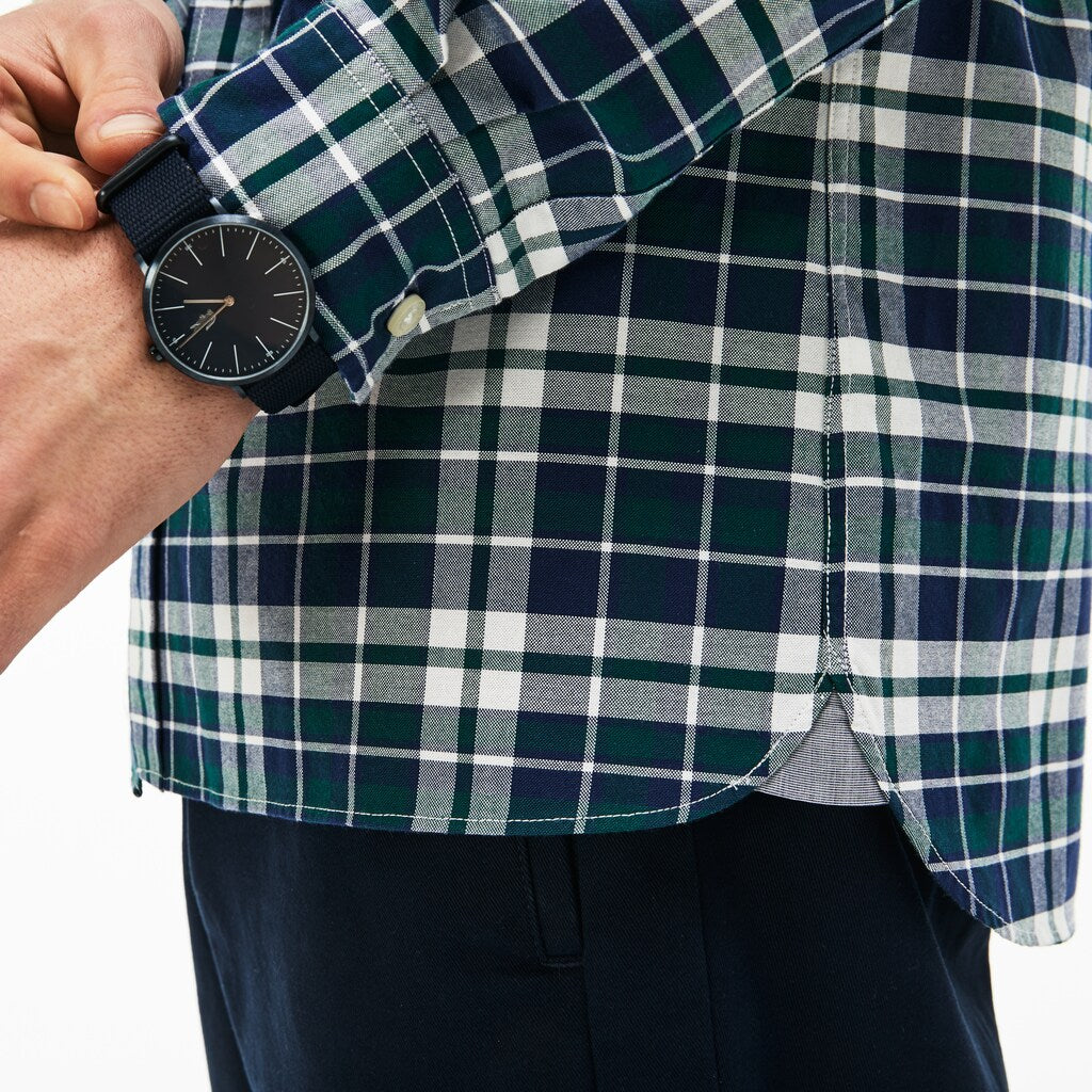Mens   Slim Fit Check Stretch Oxford Cotton Shirt | Lacoste Green • E76