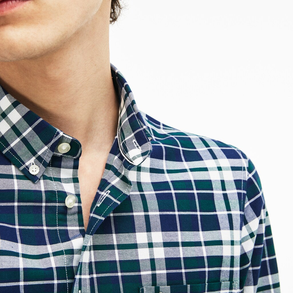 Mens   Slim Fit Check Stretch Oxford Cotton Shirt | Lacoste Green • E76