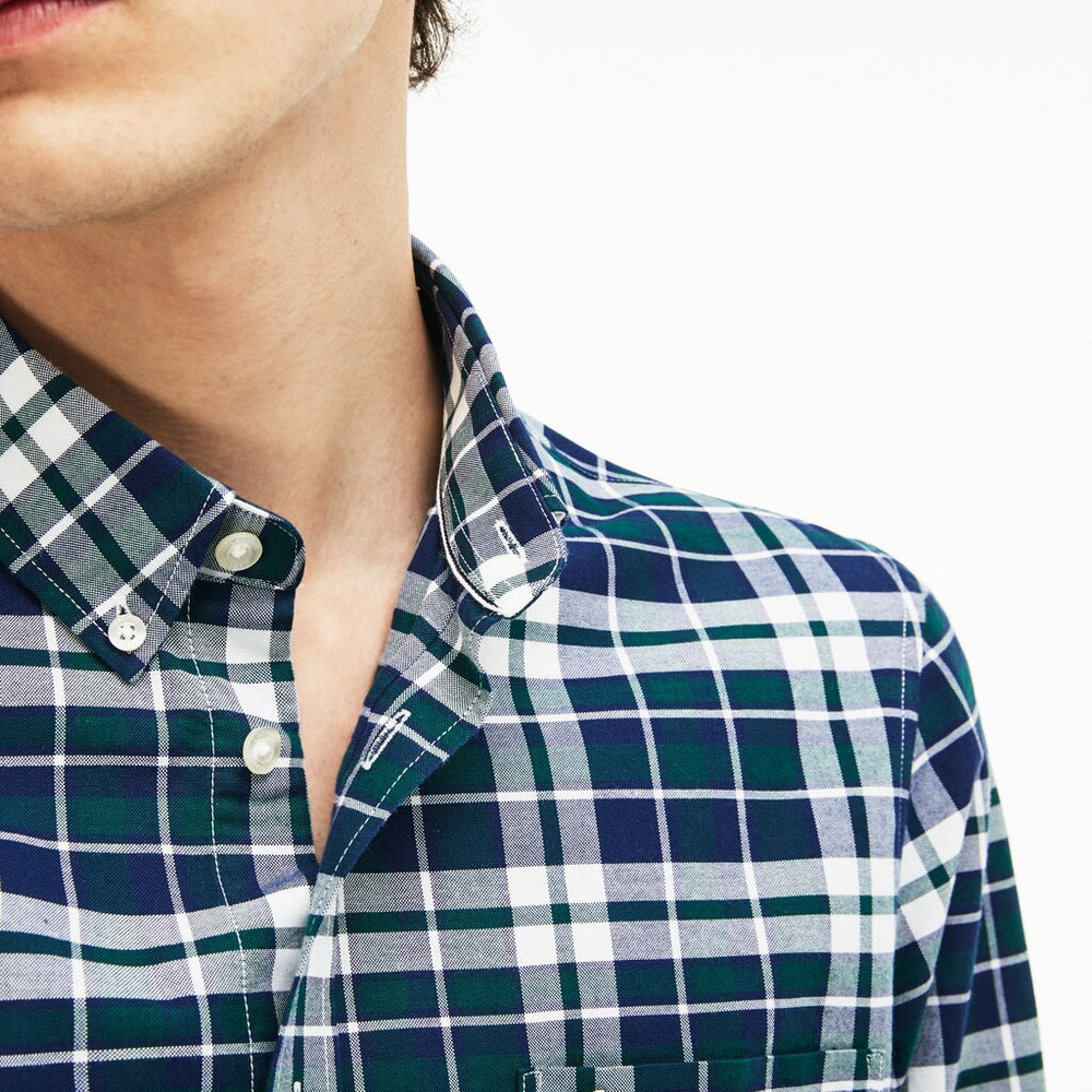 Mens   Slim Fit Check Stretch Oxford Cotton Shirt | Lacoste Green • E76