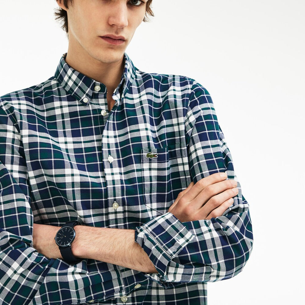 Mens   Slim Fit Check Stretch Oxford Cotton Shirt | Lacoste Green • E76