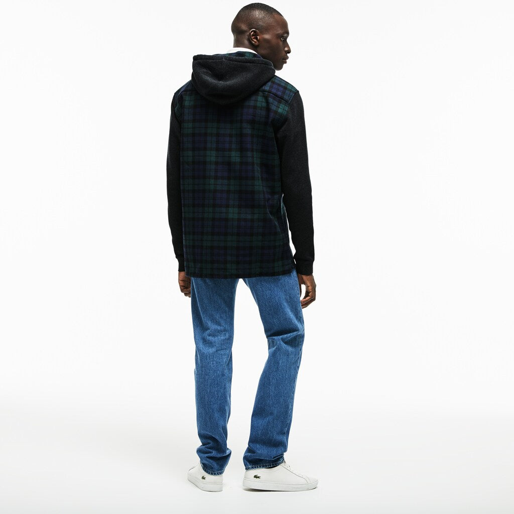Mens   Regular Fit Hooded Check Cotton Flannel Shirt | Lacoste Green / White • Dcj