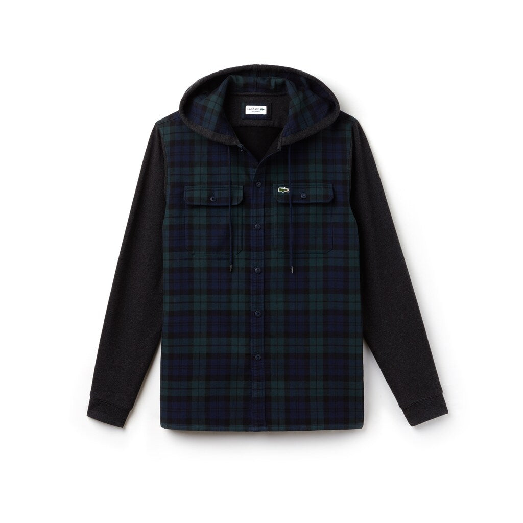 Mens   Regular Fit Hooded Check Cotton Flannel Shirt | Lacoste Green / White • Dcj