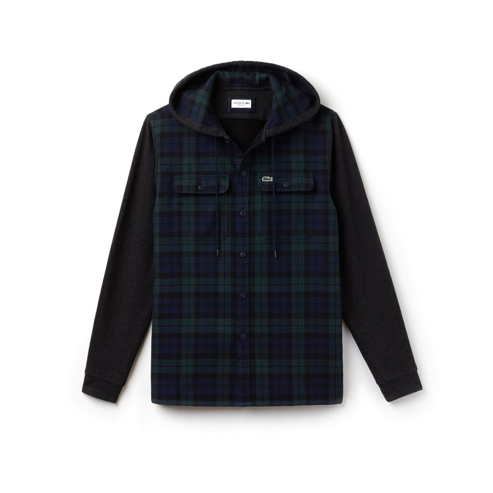 Mens   Regular Fit Hooded Check Cotton Flannel Shirt | Lacoste Green / White • Dcj