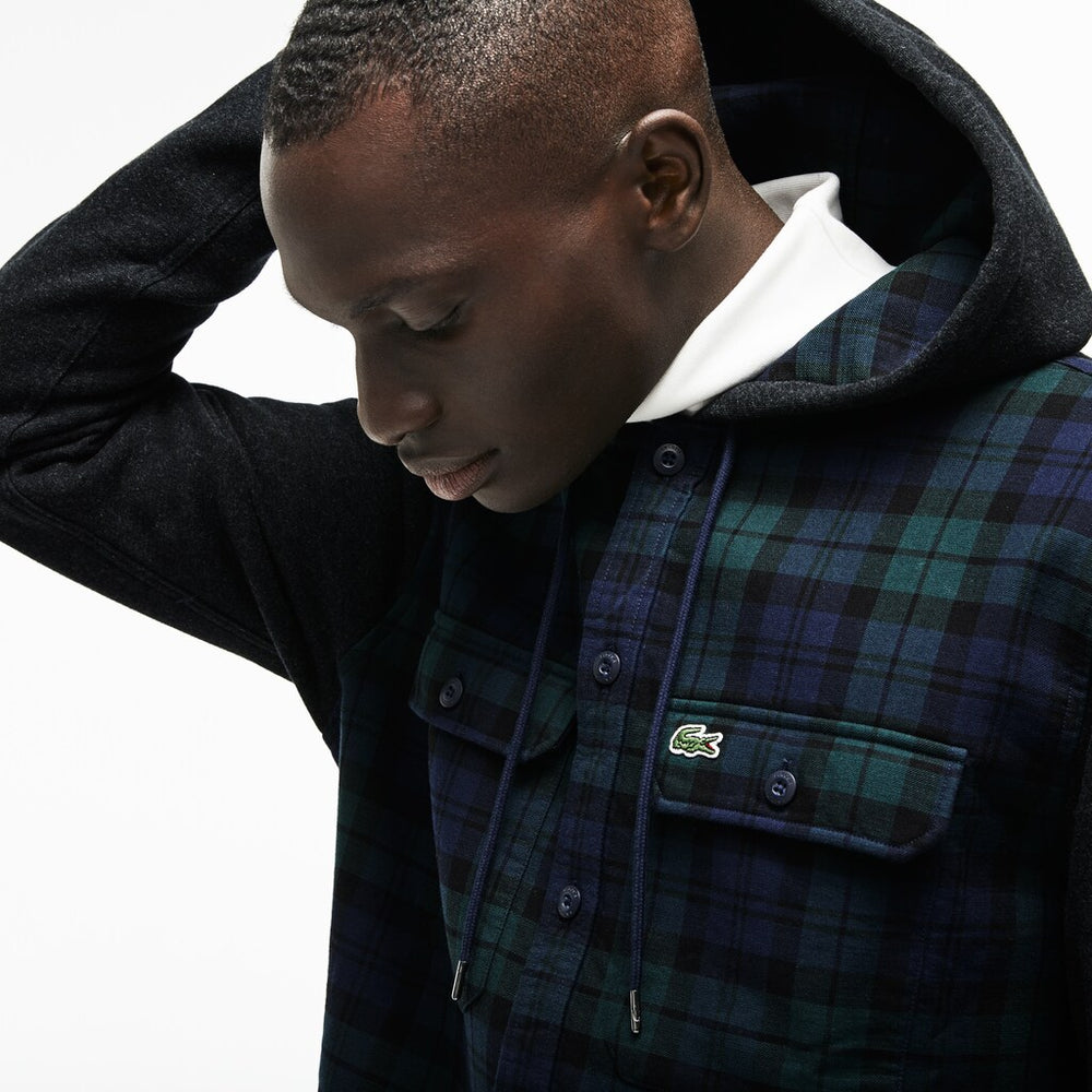 Mens   Regular Fit Hooded Check Cotton Flannel Shirt | Lacoste Green / White • Dcj