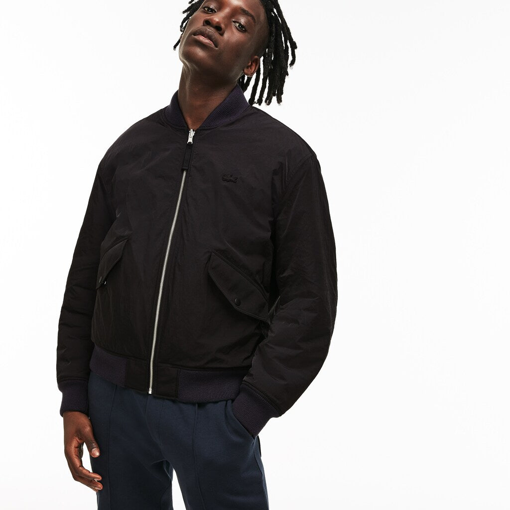 Mens Unisex LIVE Reversible Nylon And Fleece Bomber Jacket | Lacoste Black / Blue • Hxf