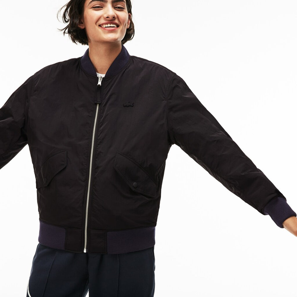Mens Unisex LIVE Reversible Nylon And Fleece Bomber Jacket | Lacoste Black / Blue • Hxf
