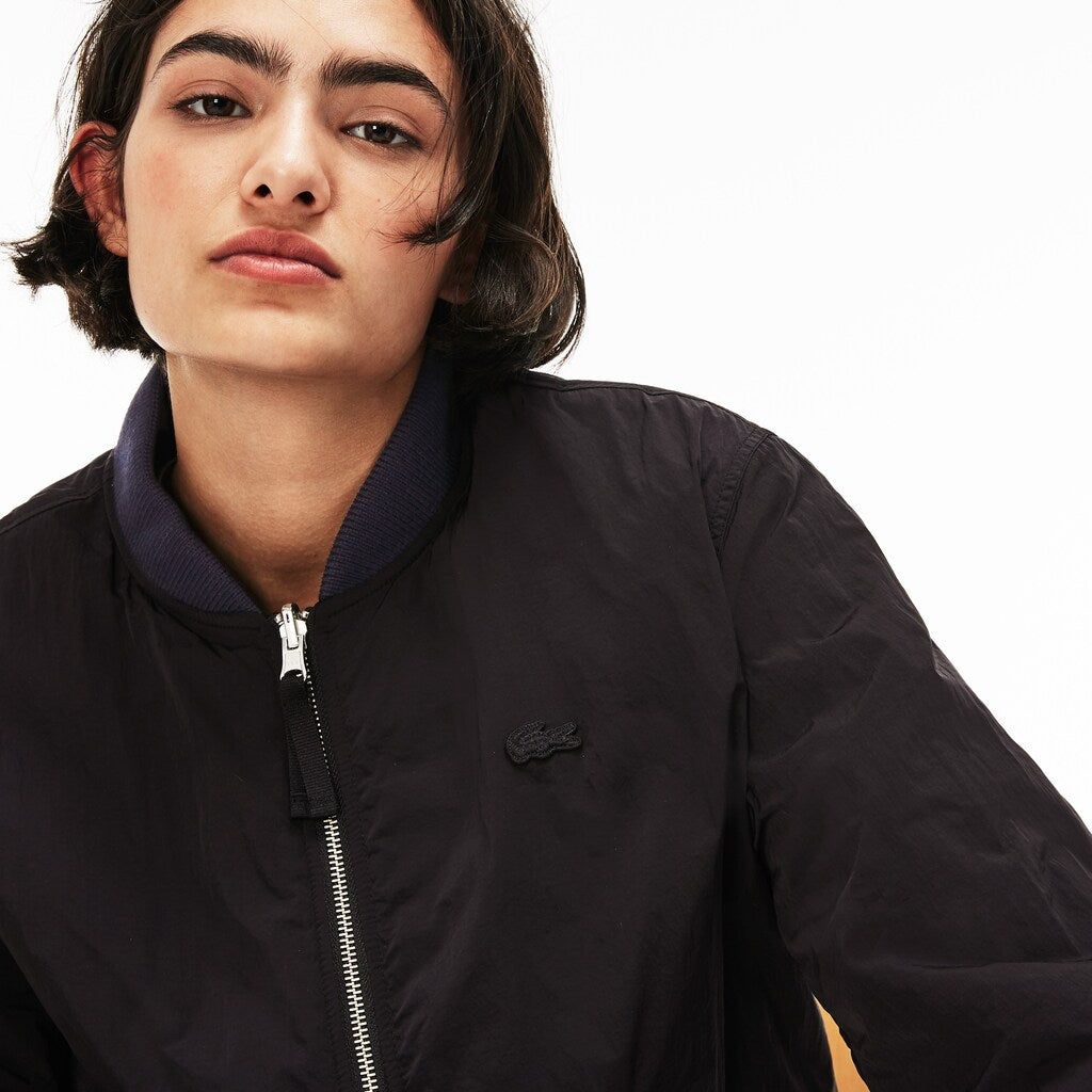 Mens Unisex LIVE Reversible Nylon And Fleece Bomber Jacket | Lacoste Black / Blue • Hxf